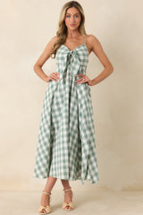 Meet Me in the Meadow Green Checked Cotton Lace Back Midi Dress