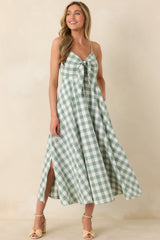 Meet Me in the Meadow Green Checked Cotton Lace Back Midi Dress