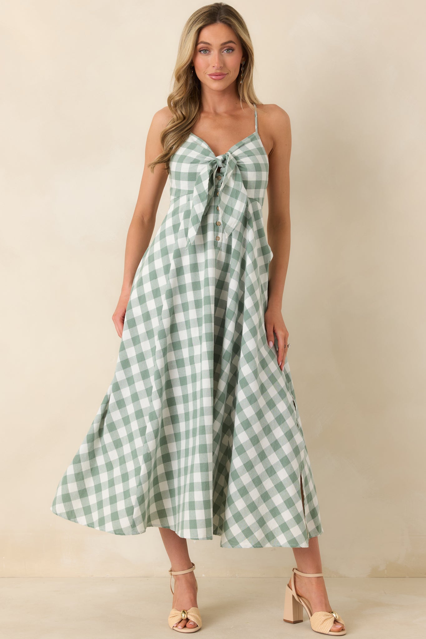 Meet Me in the Meadow Green Checked Cotton Lace Back Midi Dress