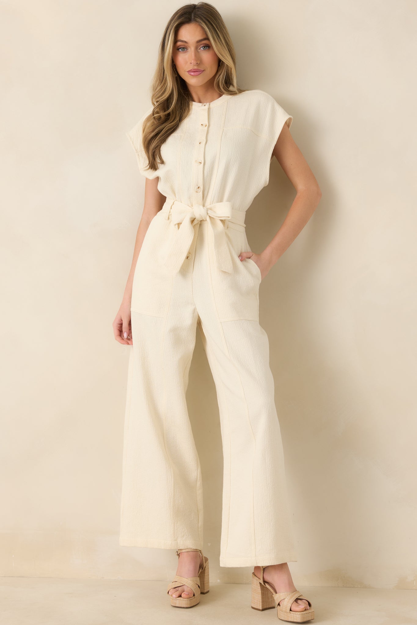 FRNCH Celestia Ivory Textured Cotton Jumpsuit