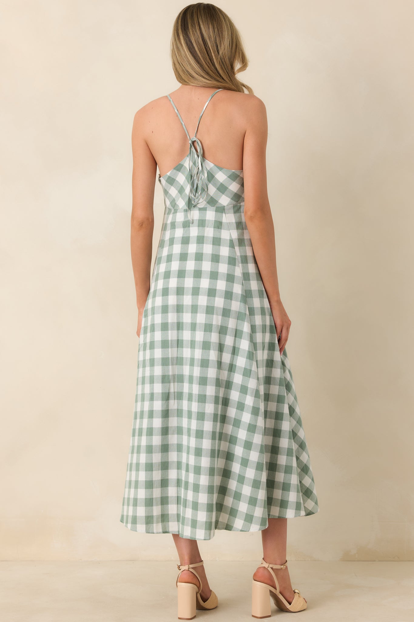 Meet Me in the Meadow Green Checked Cotton Lace Back Midi Dress