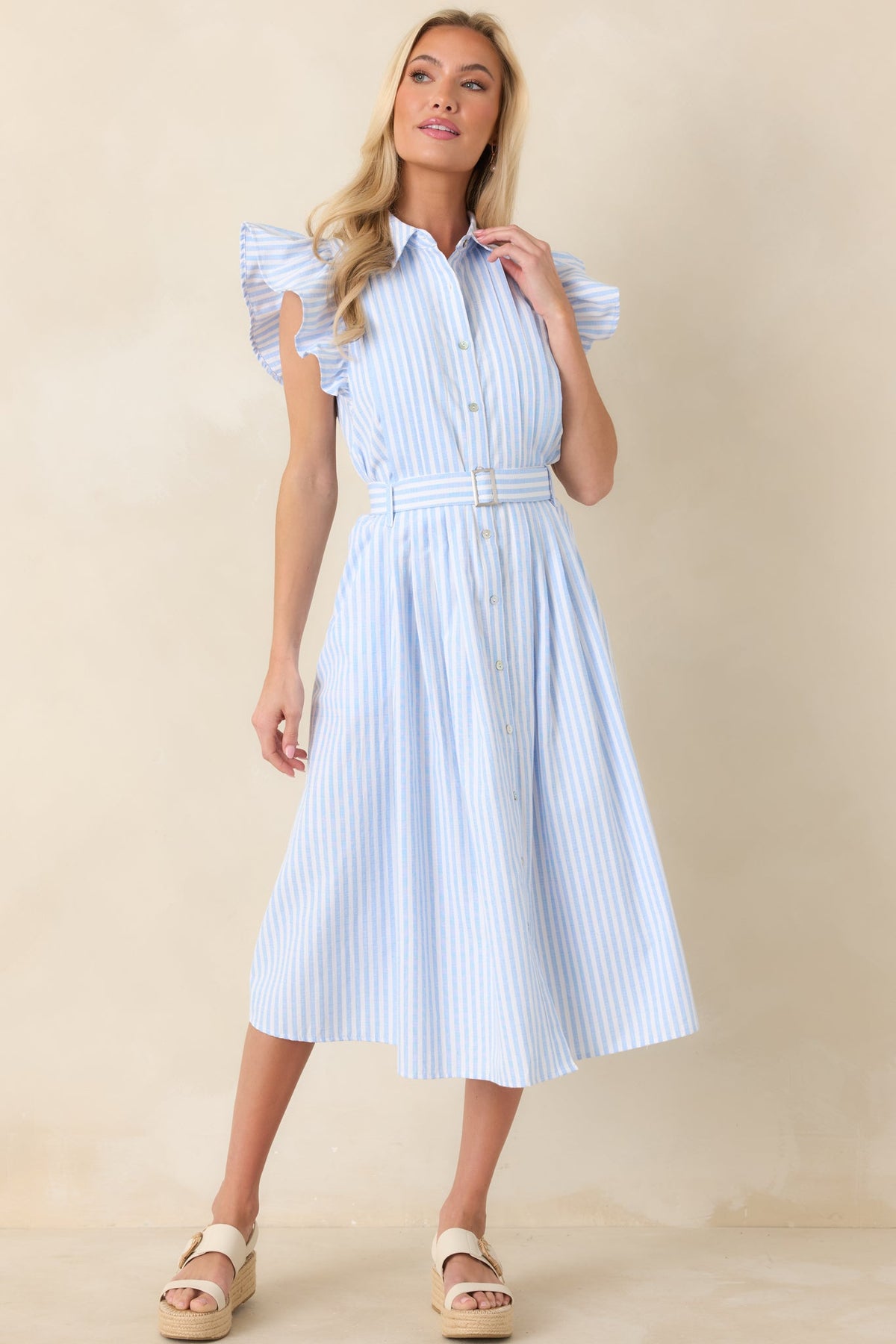 Simple Statement Sky Blue and White Stripe Button Front Midi Dress