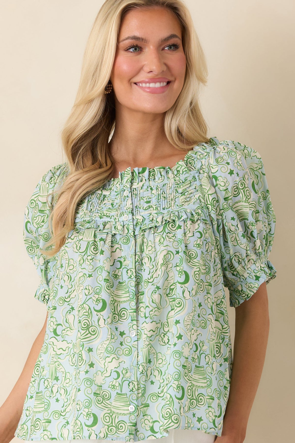 Paradisa Clearwater Seaglass Green Cotton Puff Sleeve Blouse