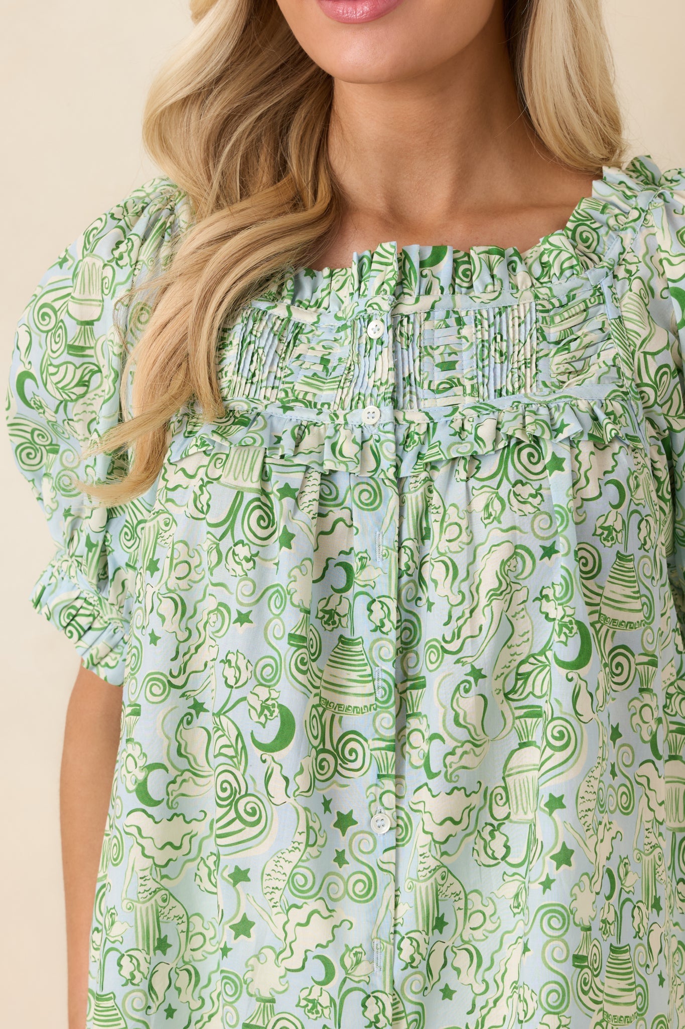 Paradisa Clearwater Seaglass Green Cotton Puff Sleeve Blouse