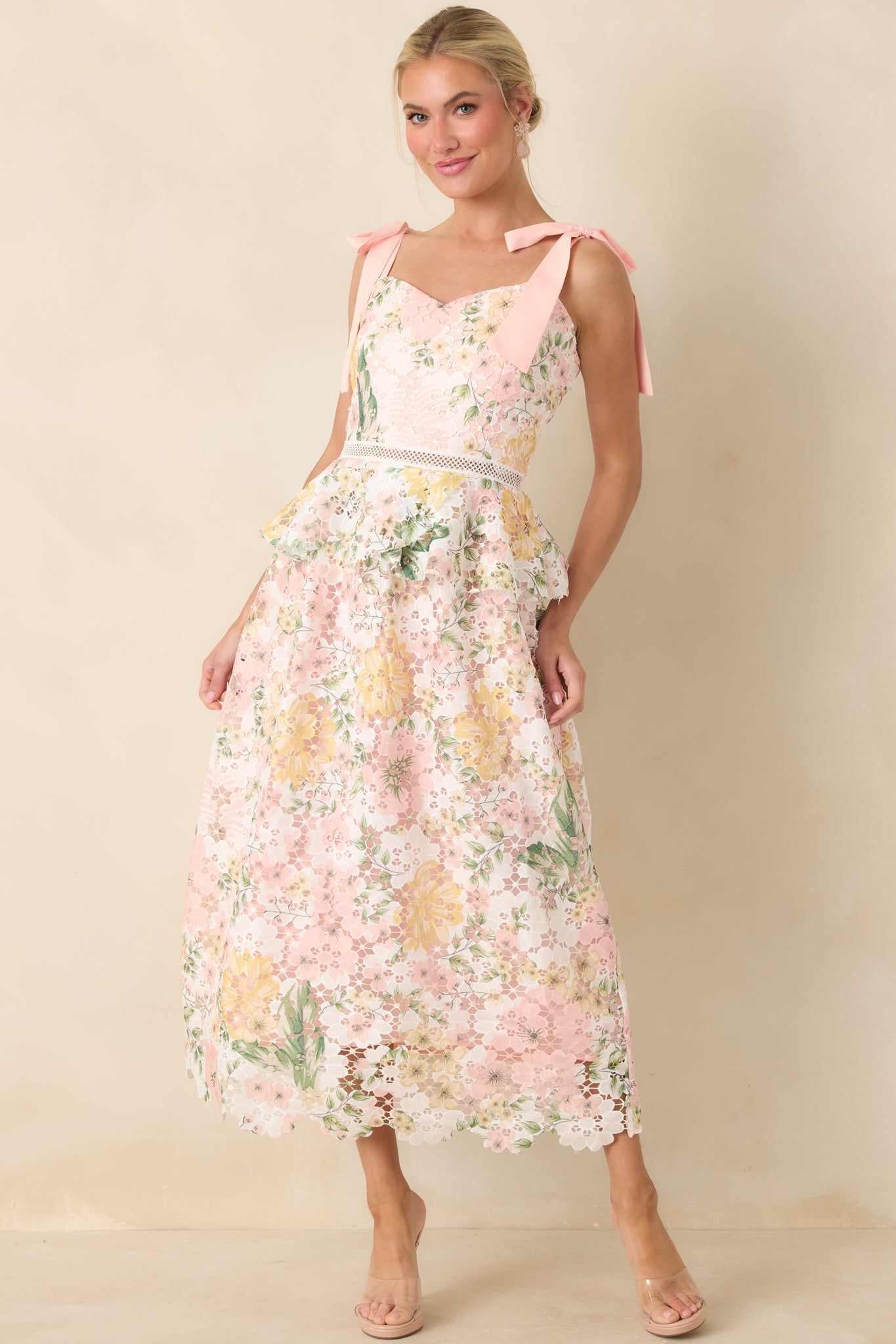 Remembering Spring Peach Lace Floral Midi Dress