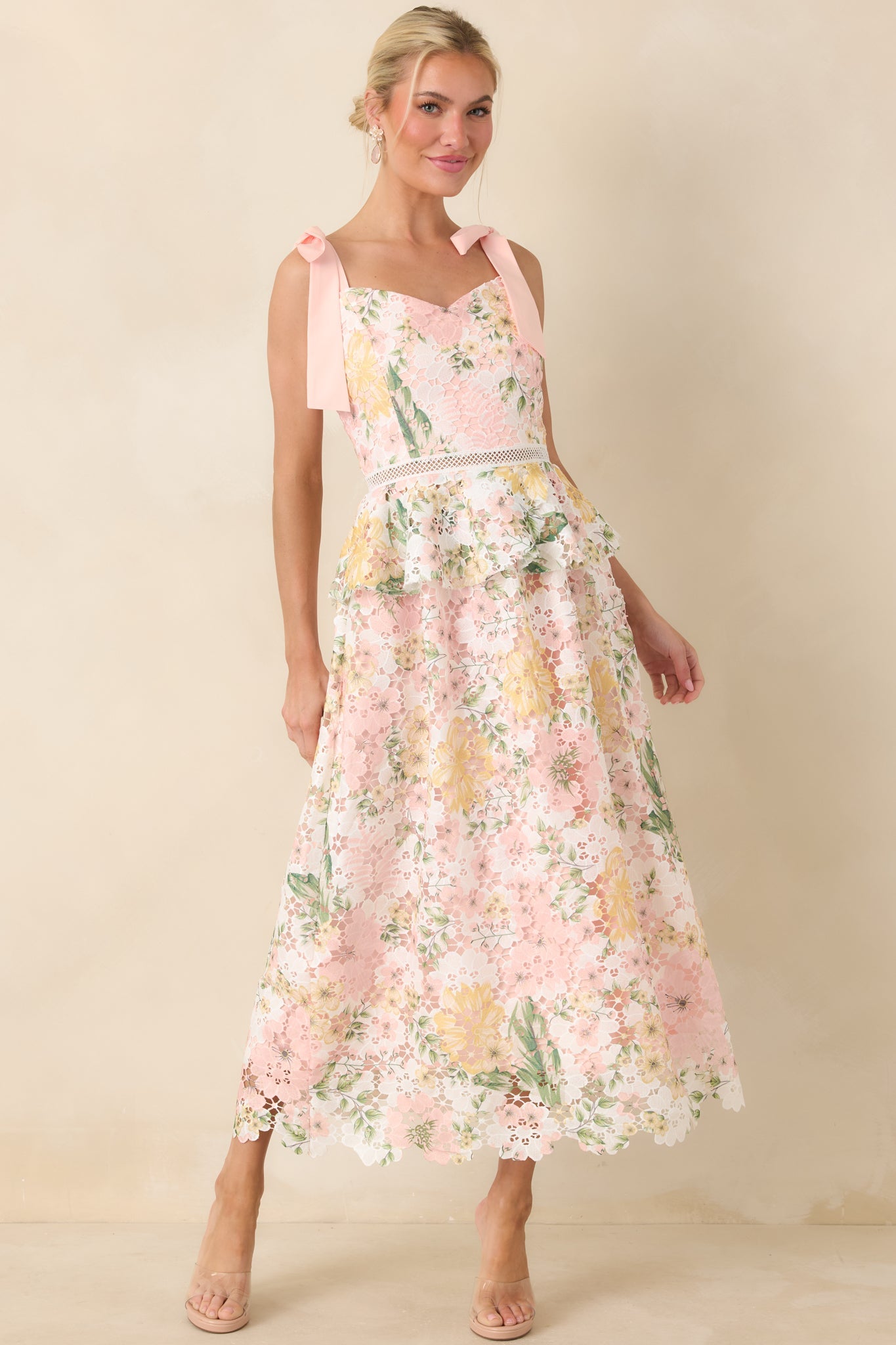 Remembering Spring Peach Lace Floral Midi Dress