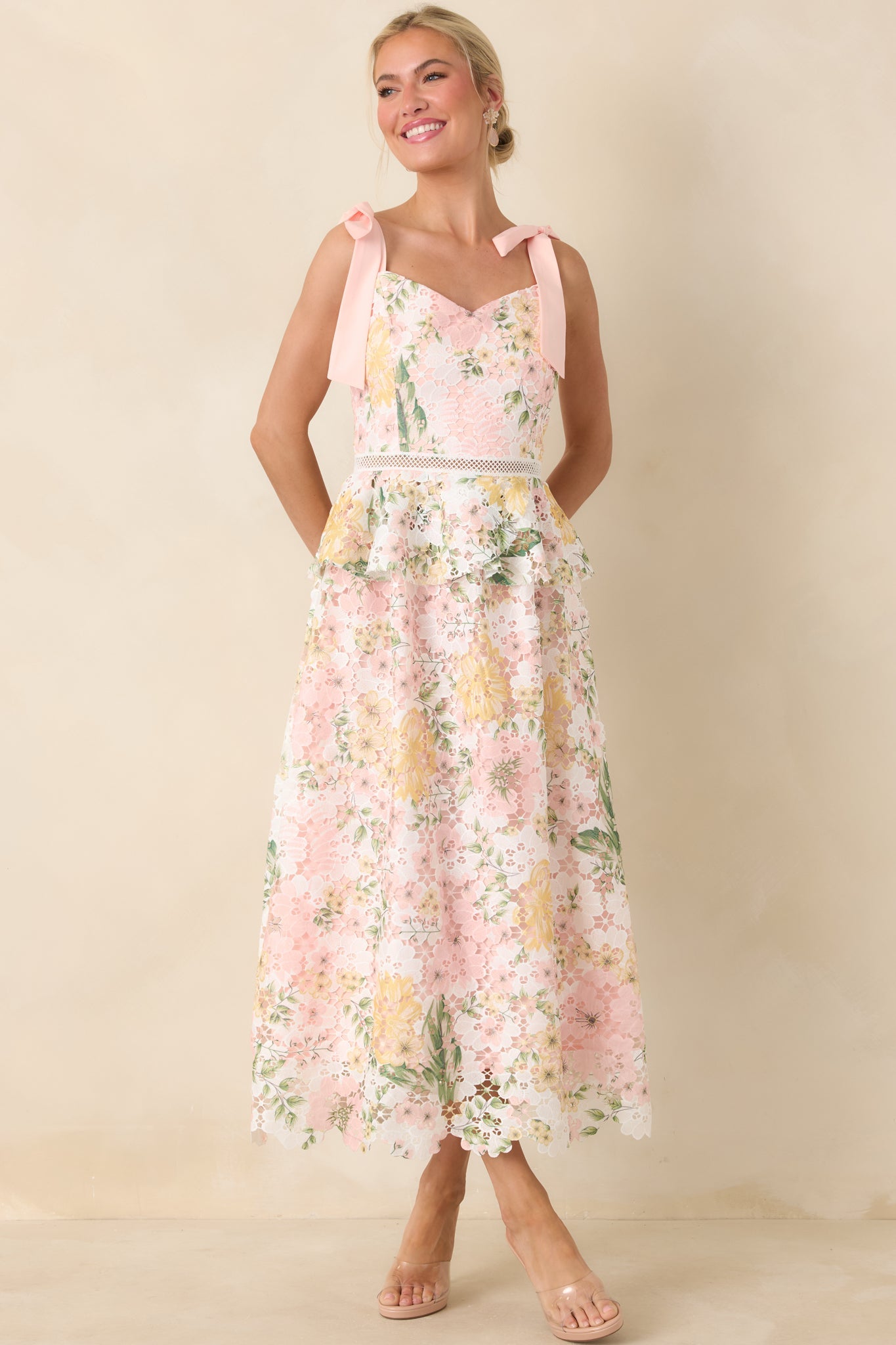 Remembering Spring Peach Lace Floral Midi Dress