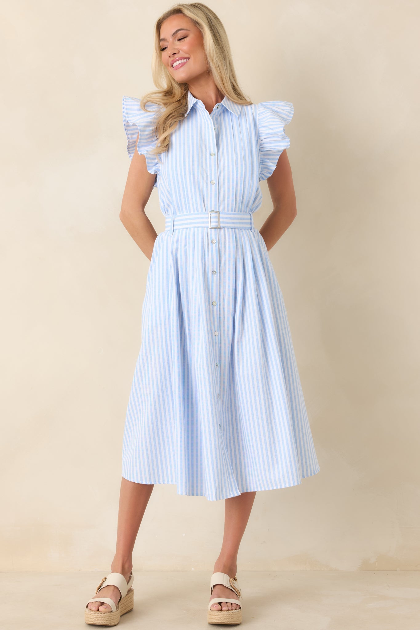 Simple Statement Sky Blue and White Stripe Button Front Midi Dress