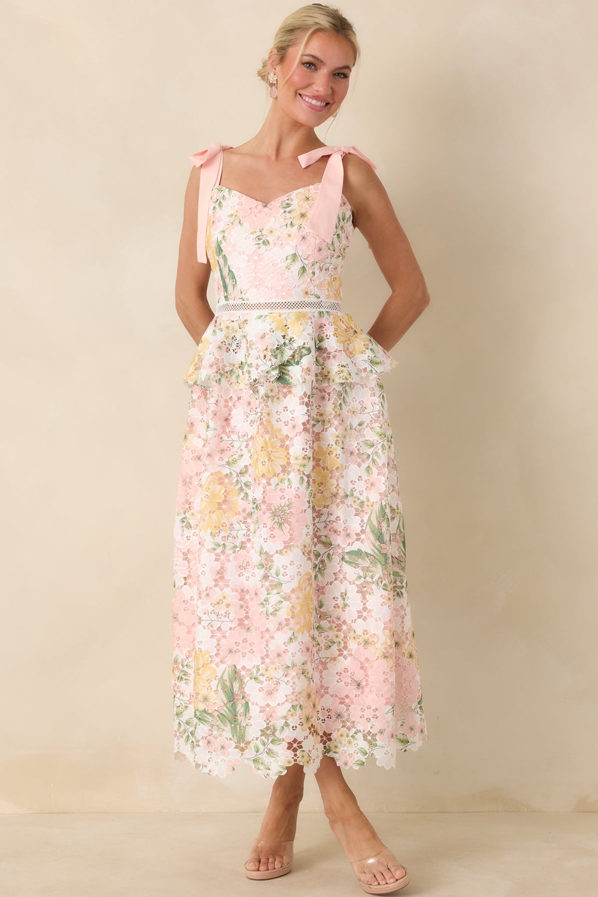Remembering Spring Peach Lace Floral Midi Dress