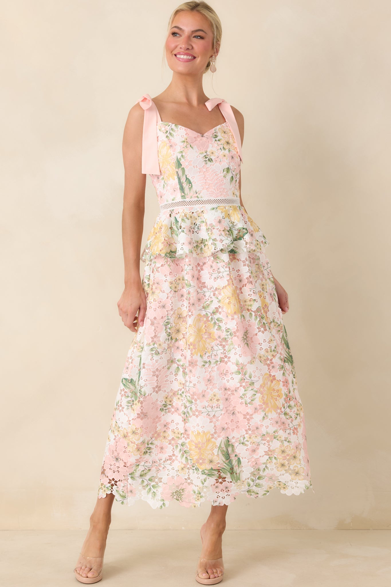 Remembering Spring Peach Lace Floral Midi Dress
