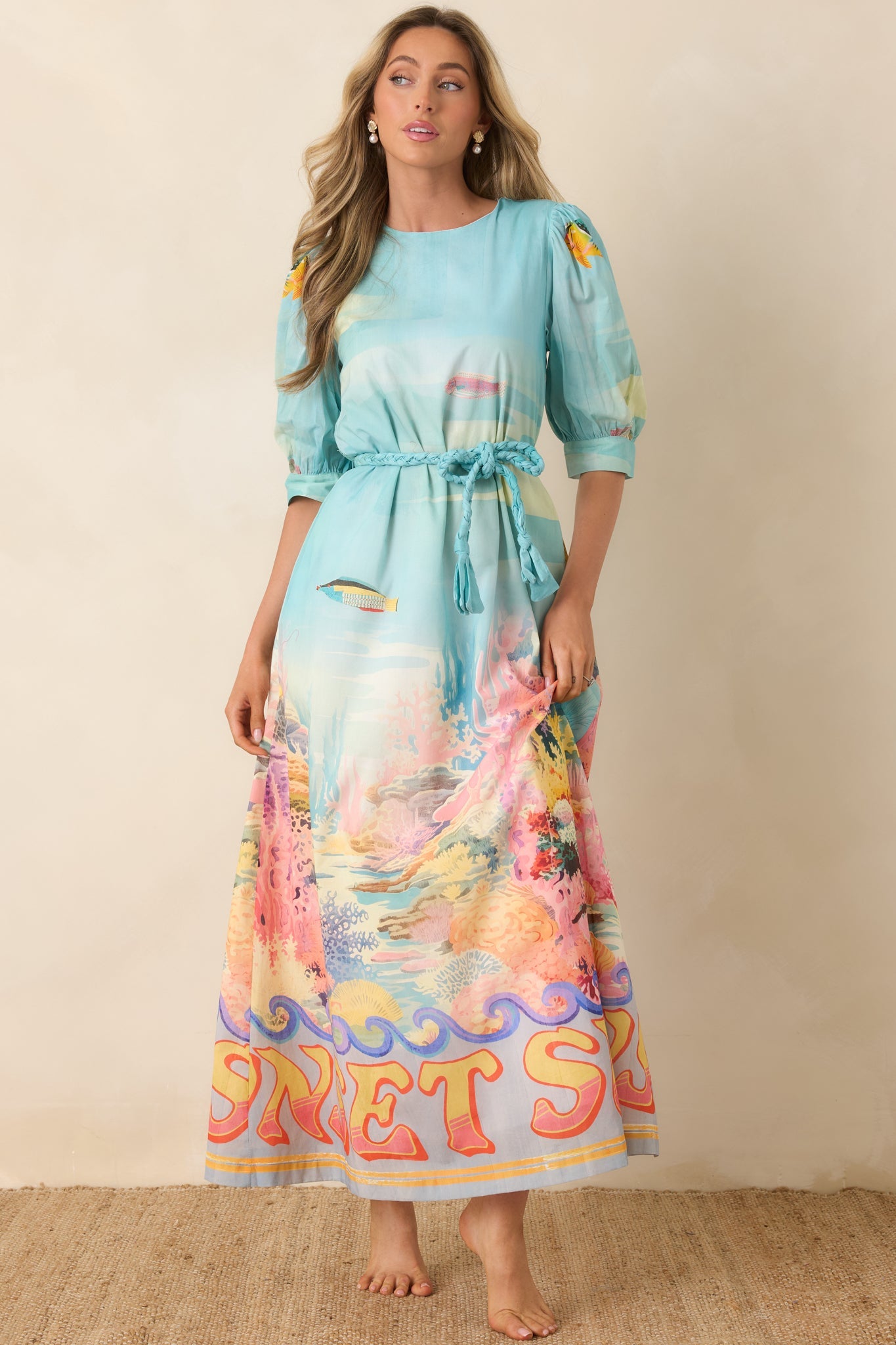 Paradisa Ponte Vedra Blue Multi Cotton Reef Print Maxi Dress