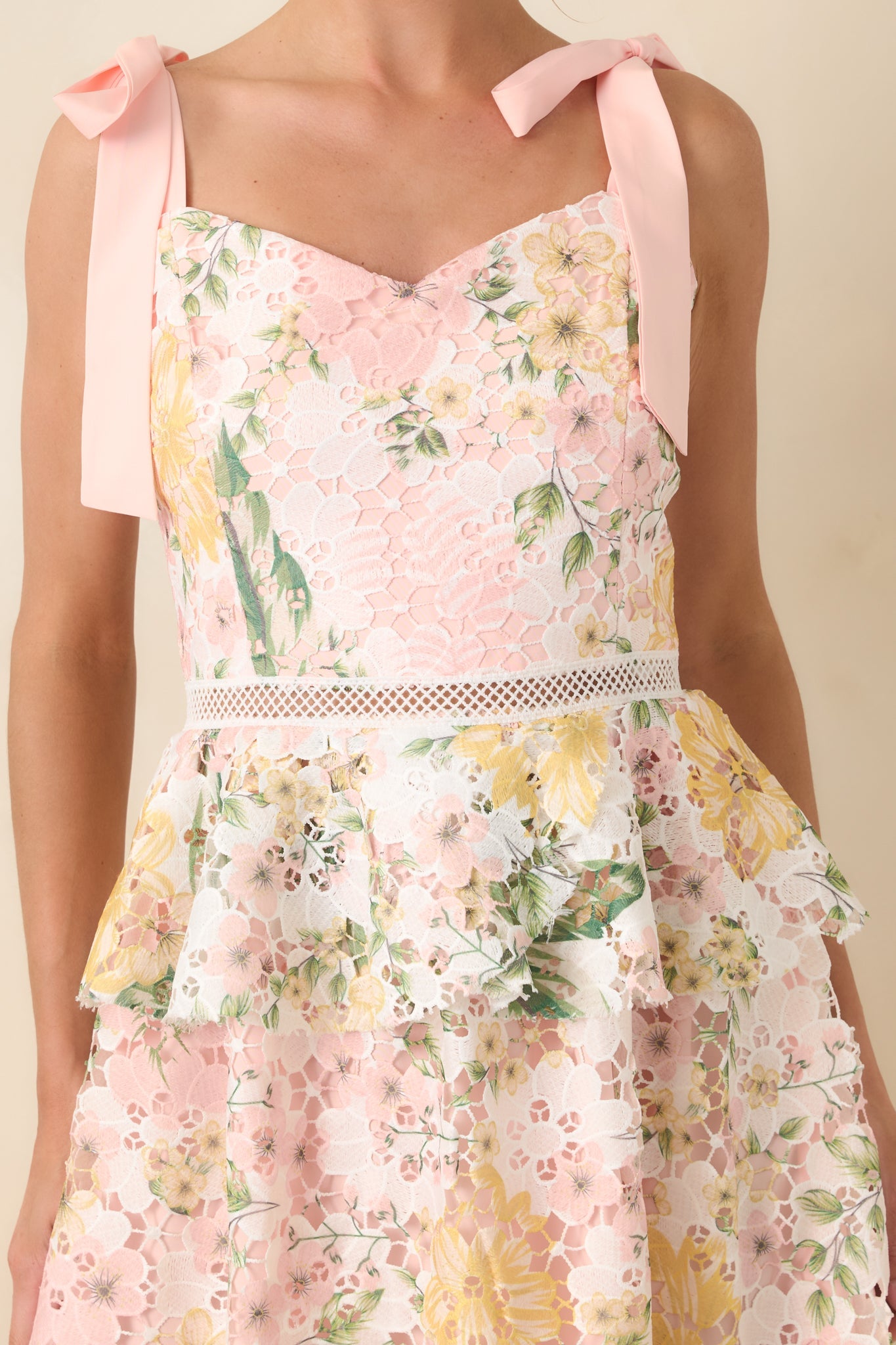 Remembering Spring Peach Lace Floral Midi Dress