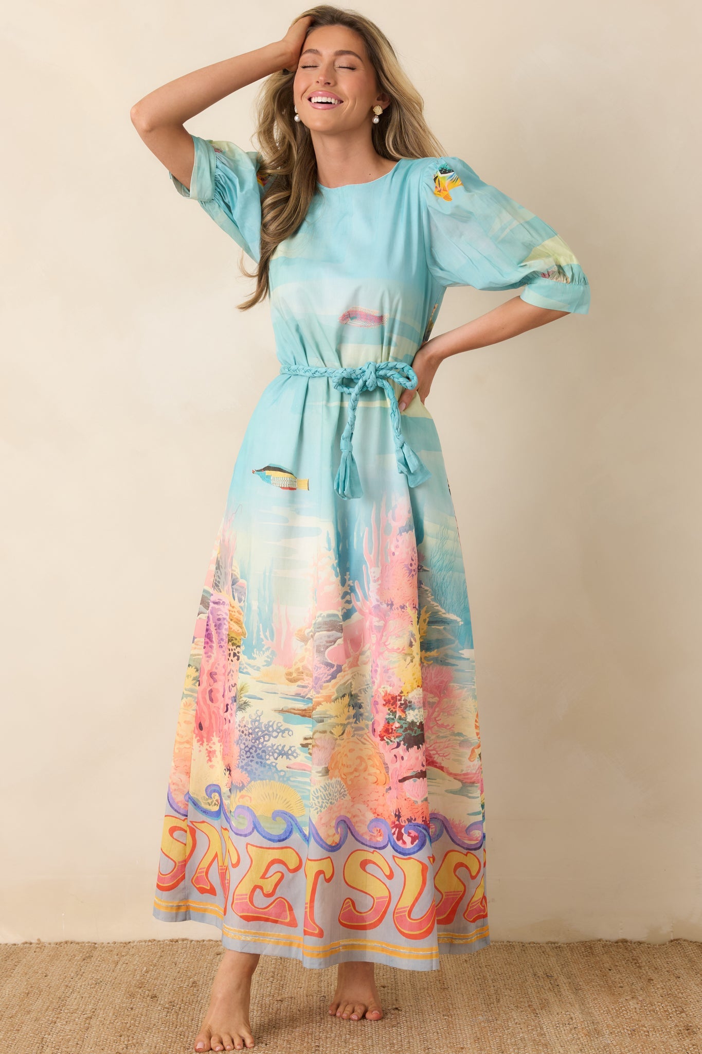 Paradisa Ponte Vedra Blue Multi Cotton Reef Print Maxi Dress
