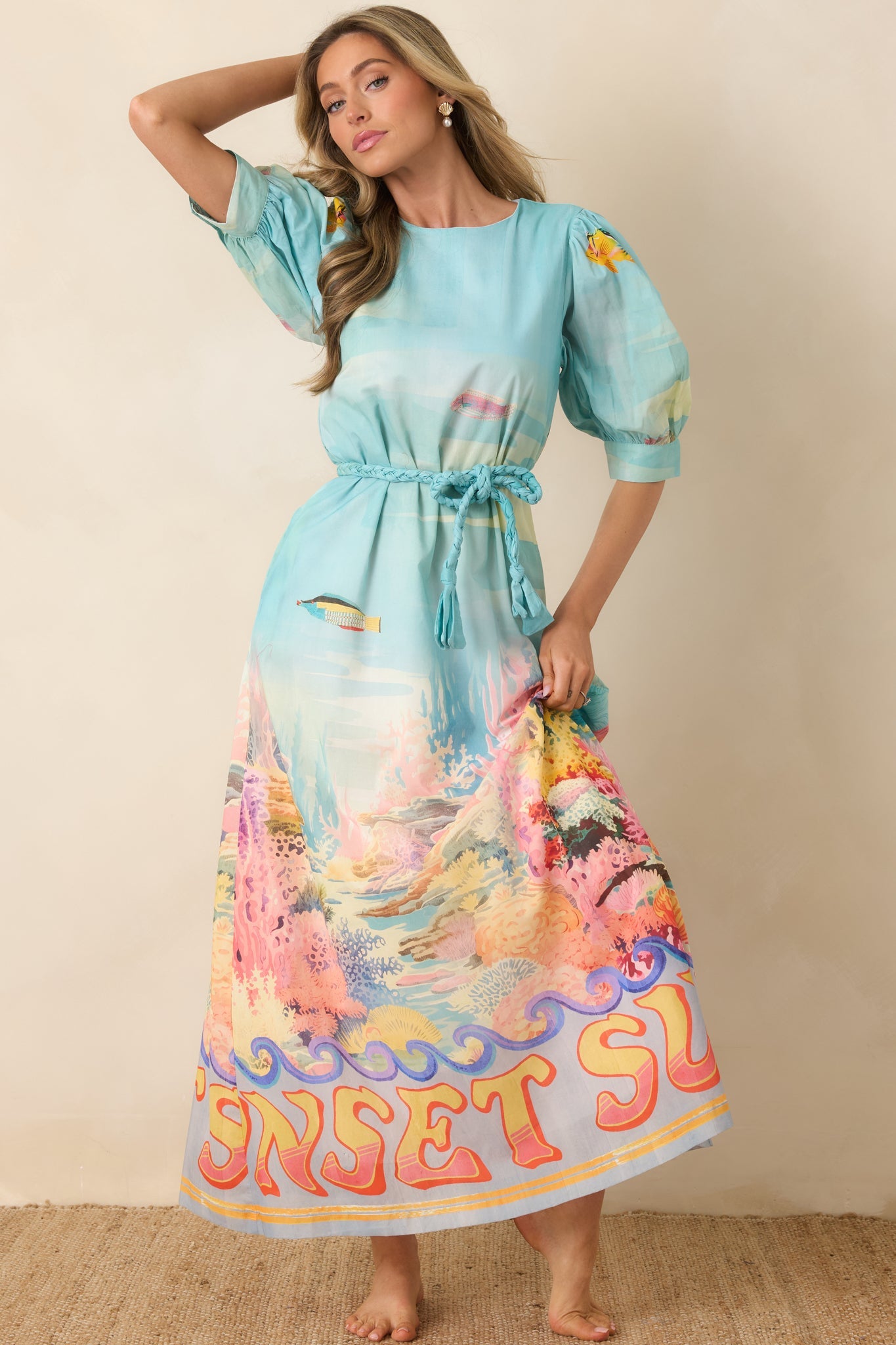 Paradisa Ponte Vedra Blue Multi Cotton Reef Print Maxi Dress
