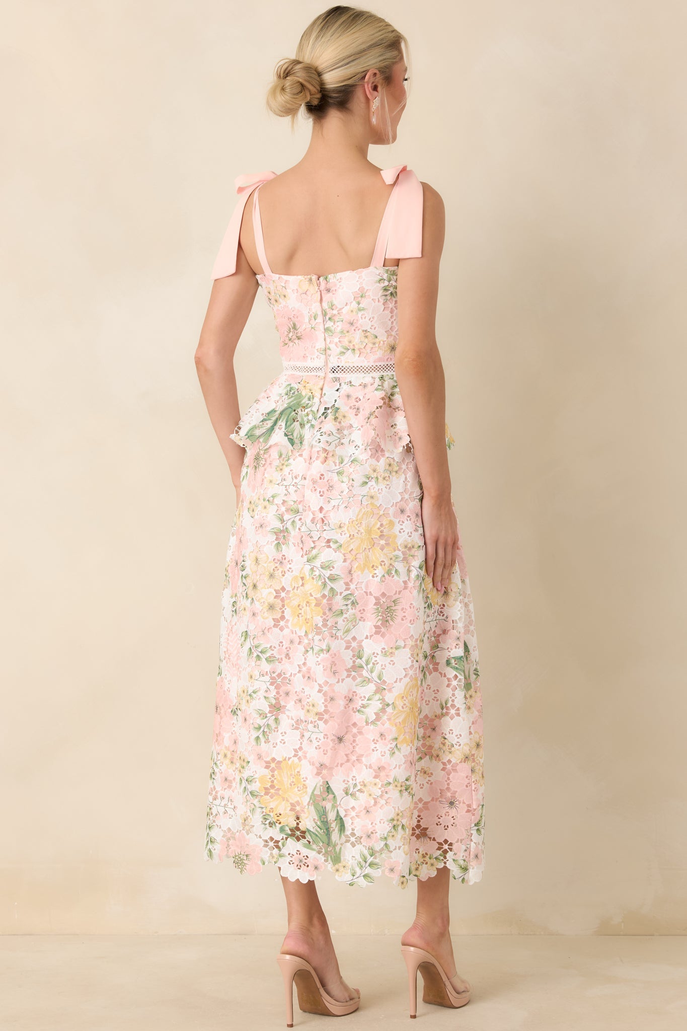 Remembering Spring Peach Lace Floral Midi Dress