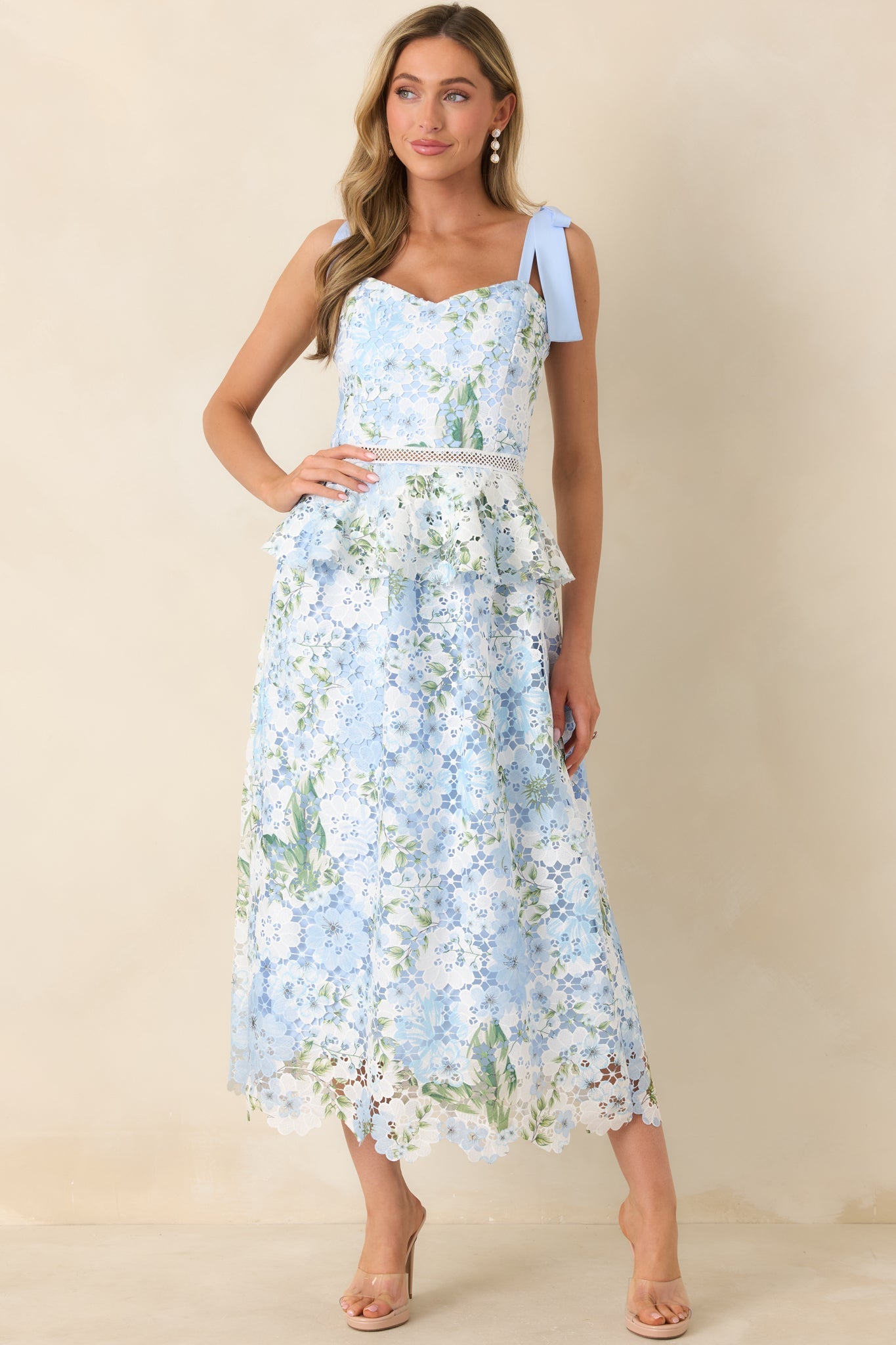 Remembering Spring Light Blue Lace Floral Midi Dress