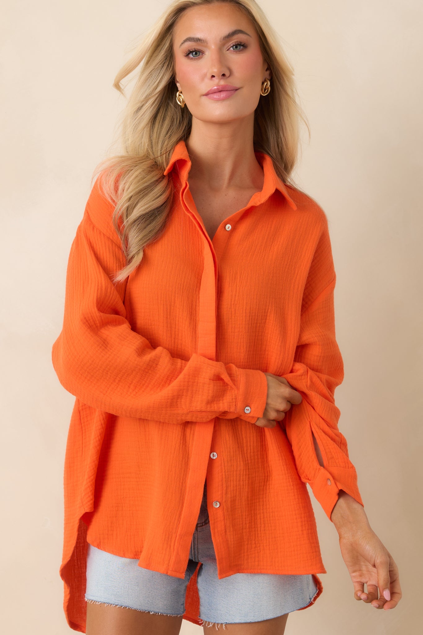 Paradisa Naples Orange Cotton Button-Up Top