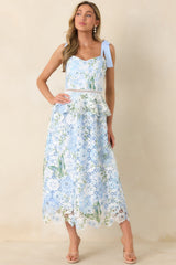 Remembering Spring Light Blue Lace Floral Midi Dress