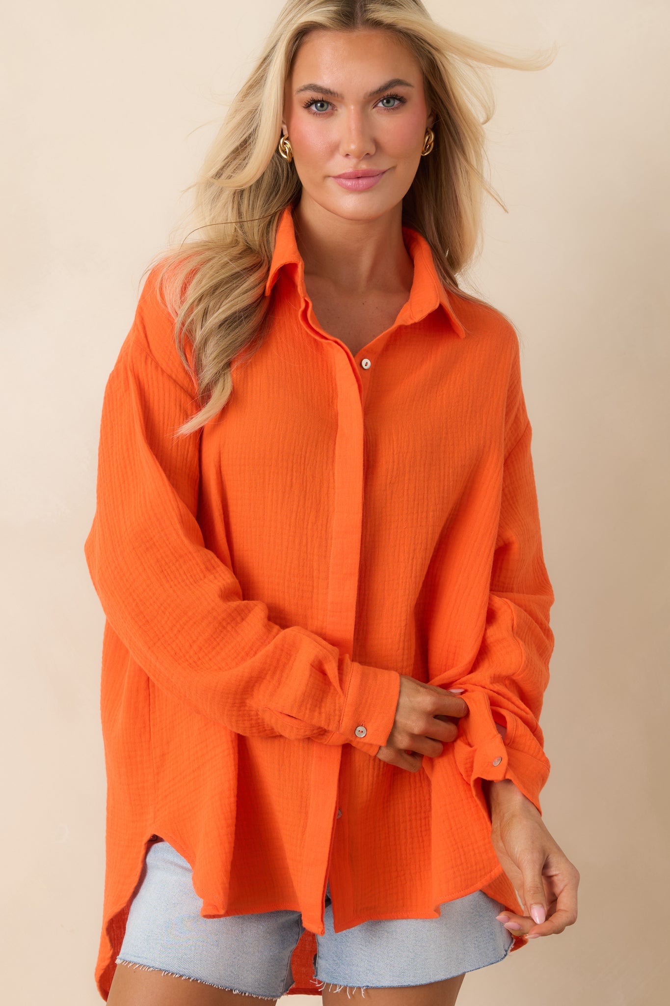 Paradisa Naples Orange Cotton Button-Up Top