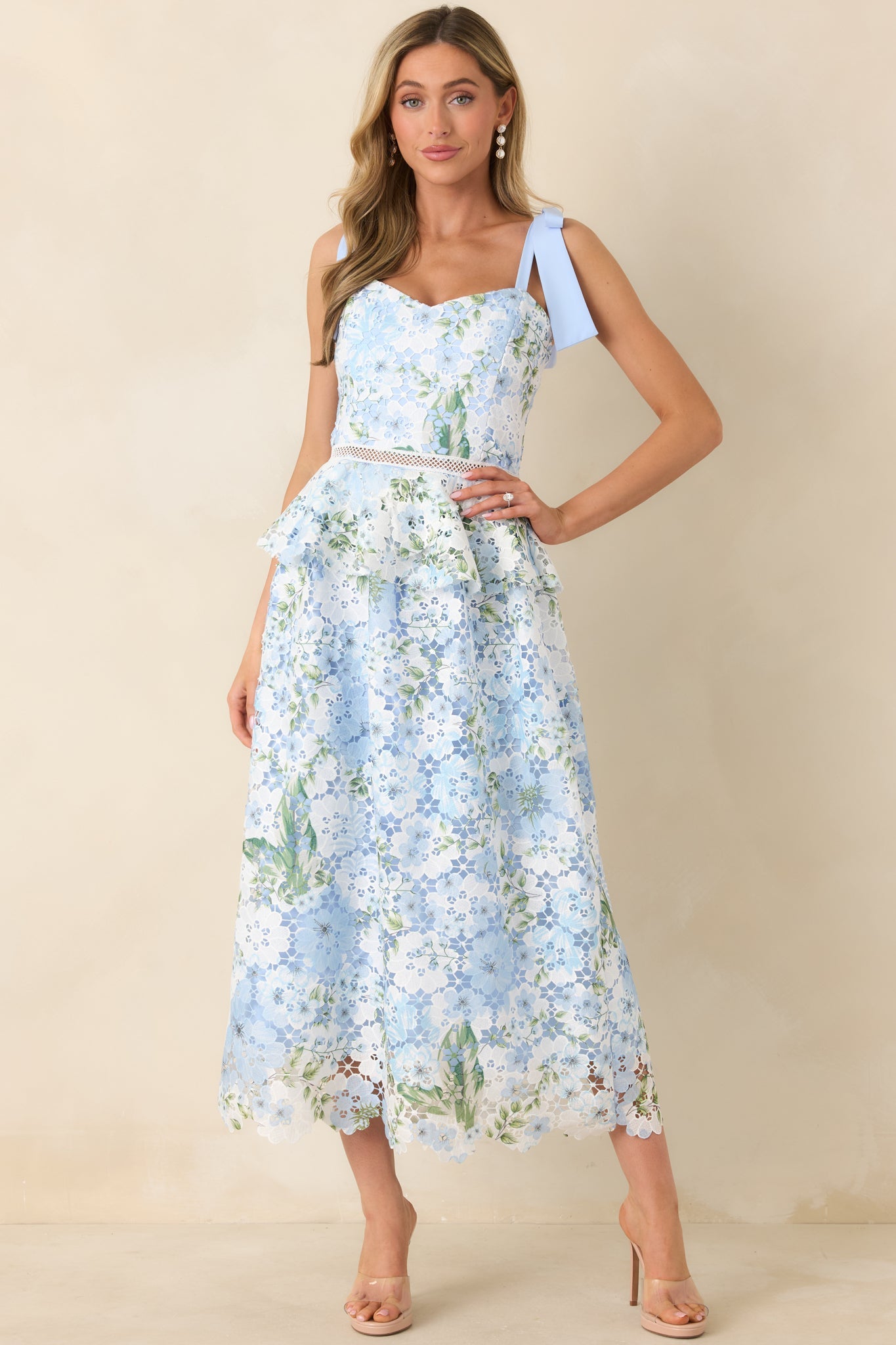Remembering Spring Light Blue Lace Floral Midi Dress