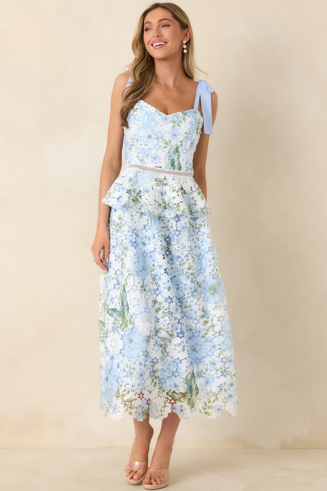 Remembering Spring Light Blue Lace Floral Midi Dress