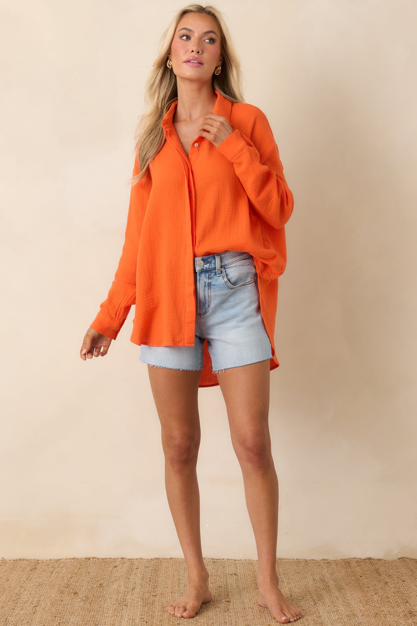 Paradisa Naples Orange Cotton Button-Up Top