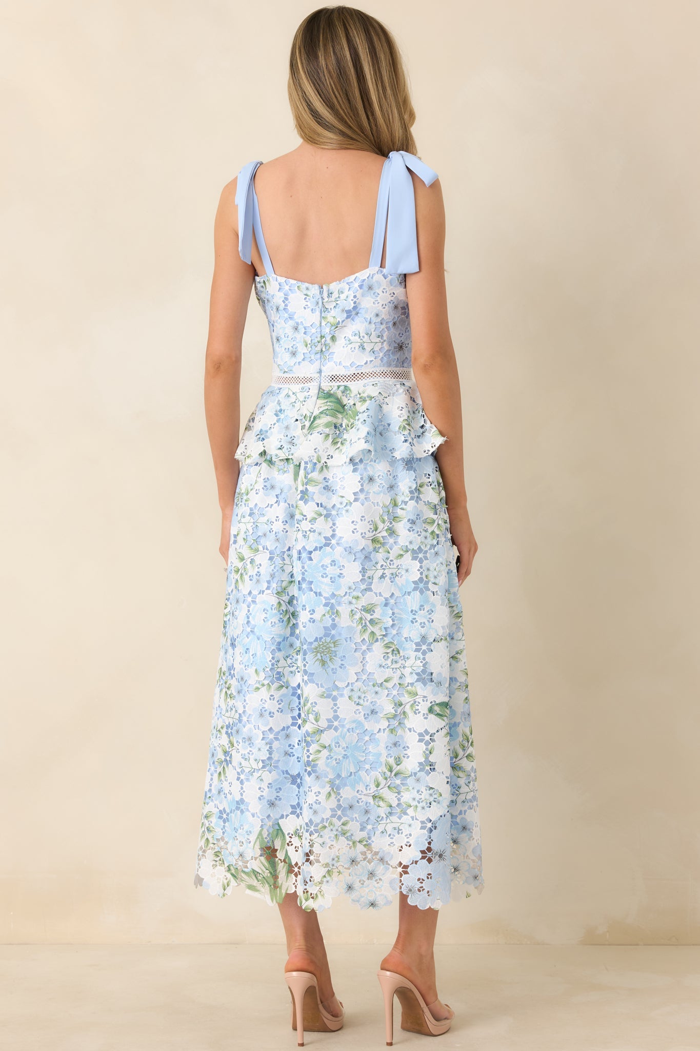 Remembering Spring Light Blue Lace Floral Midi Dress
