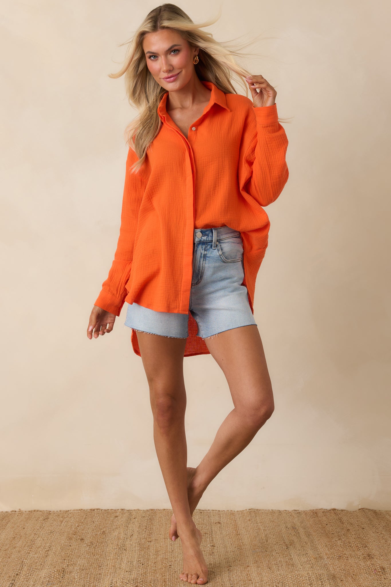 Paradisa Naples Orange Cotton Button-Up Top