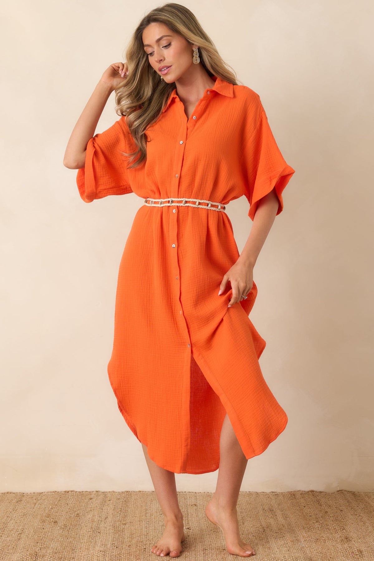Paradisa St. Augustine Orange Cotton Belted Shirt Dress
