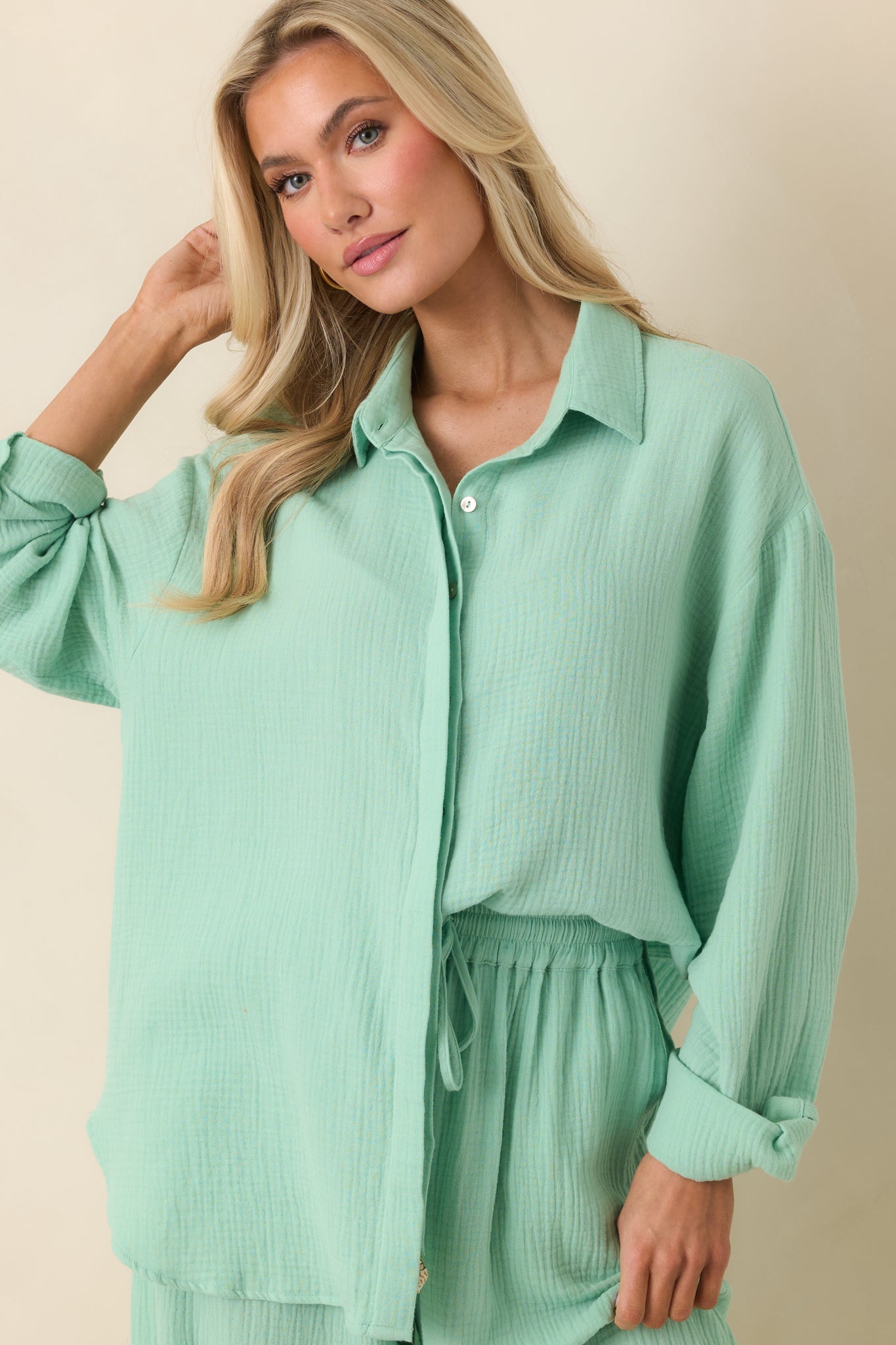 Paradisa Naples Seaglass Green Cotton Button-Up Top