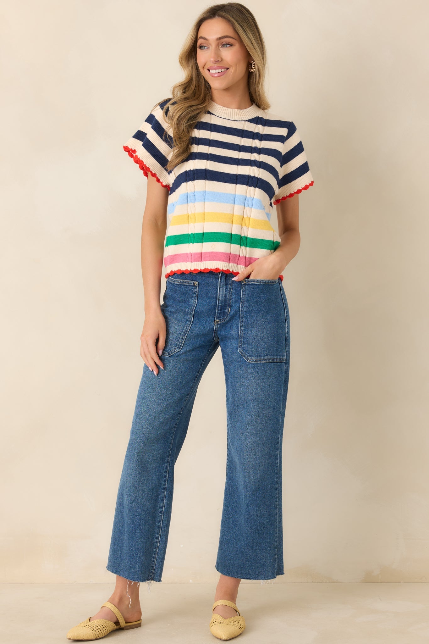 Vibes on High Navy Multi Stripe Knit Short Sleeve Top