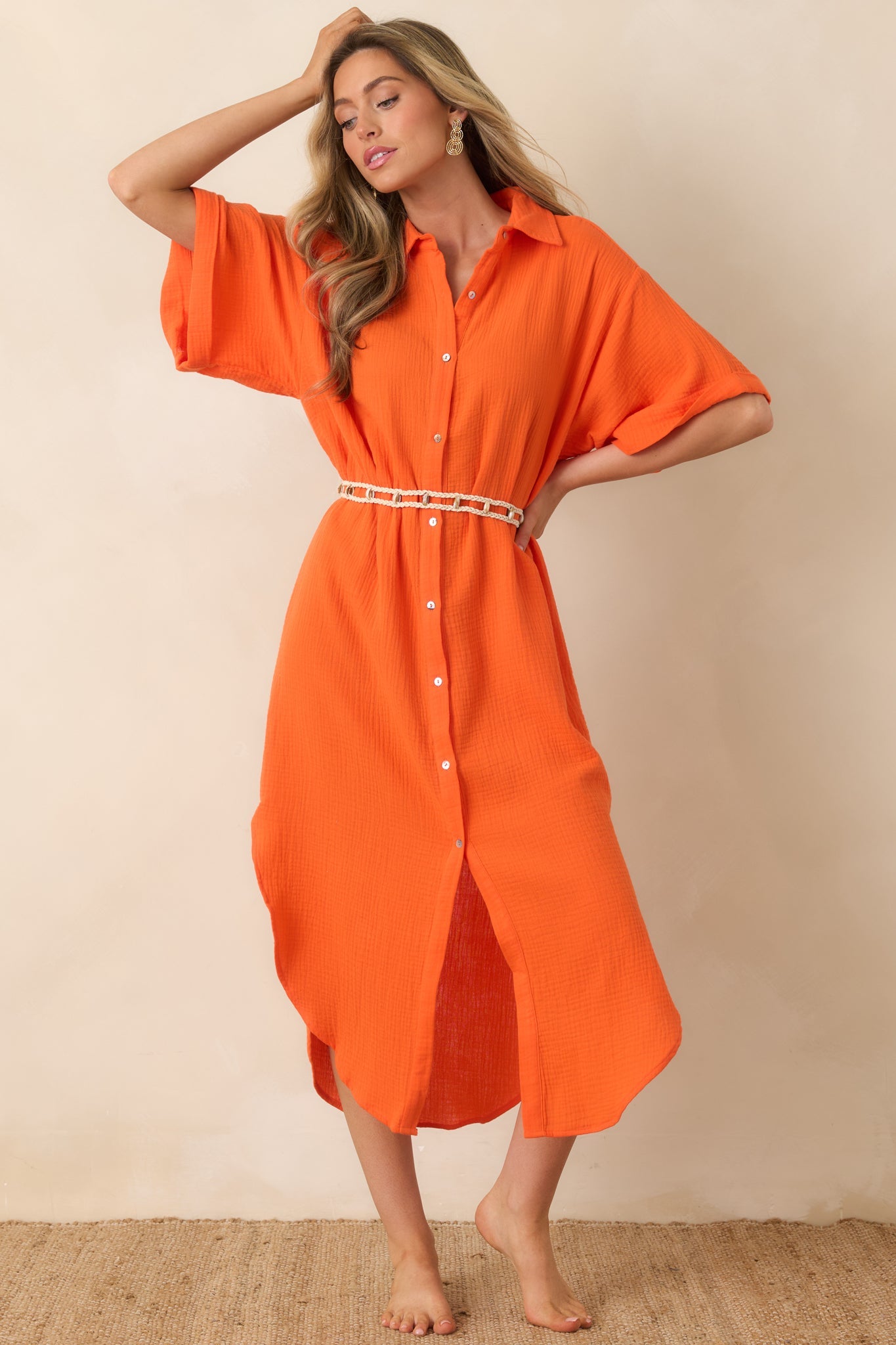 Paradisa St. Augustine Orange Cotton Belted Shirt Dress