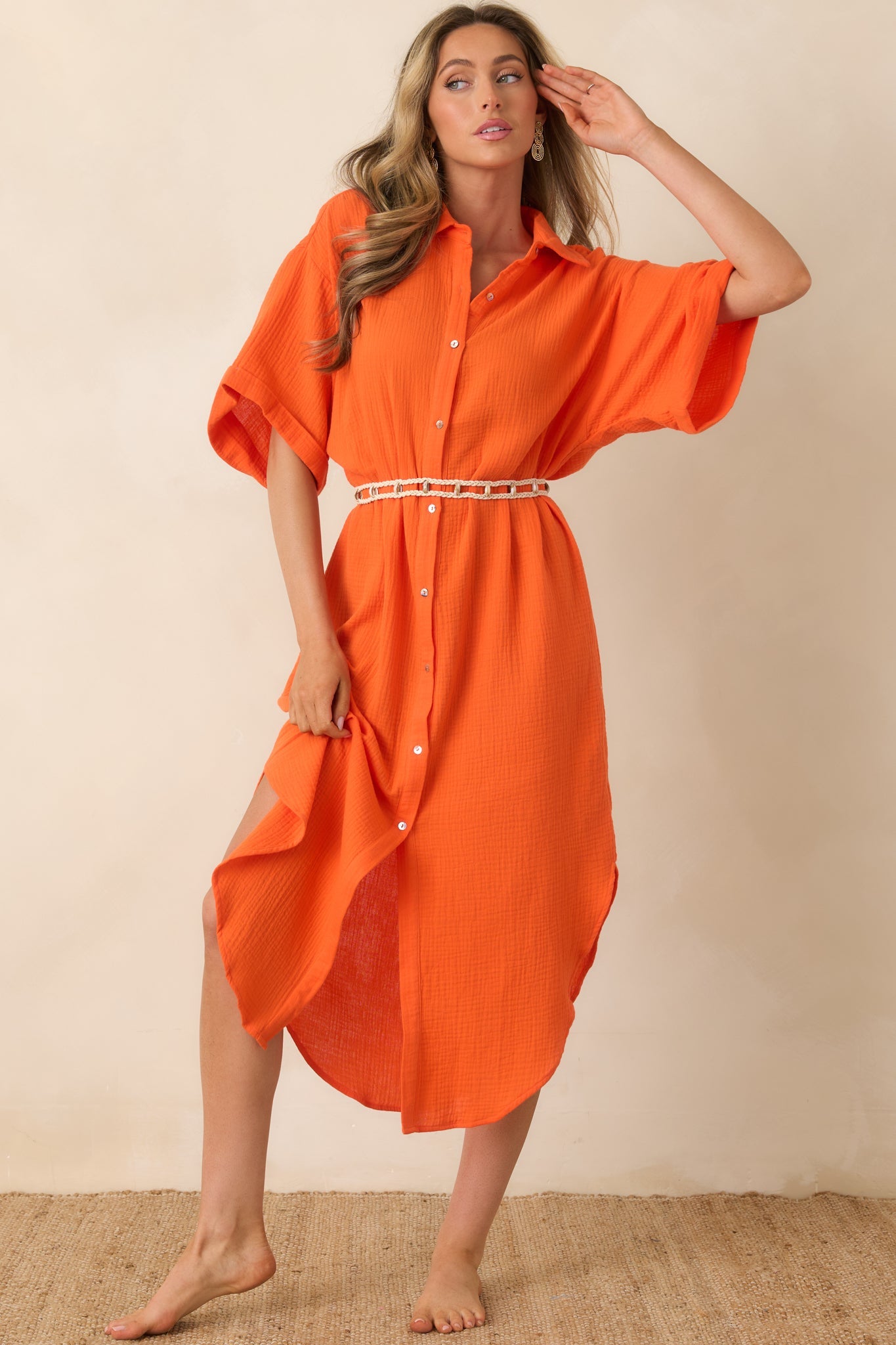 Paradisa St. Augustine Orange Cotton Belted Shirt Dress