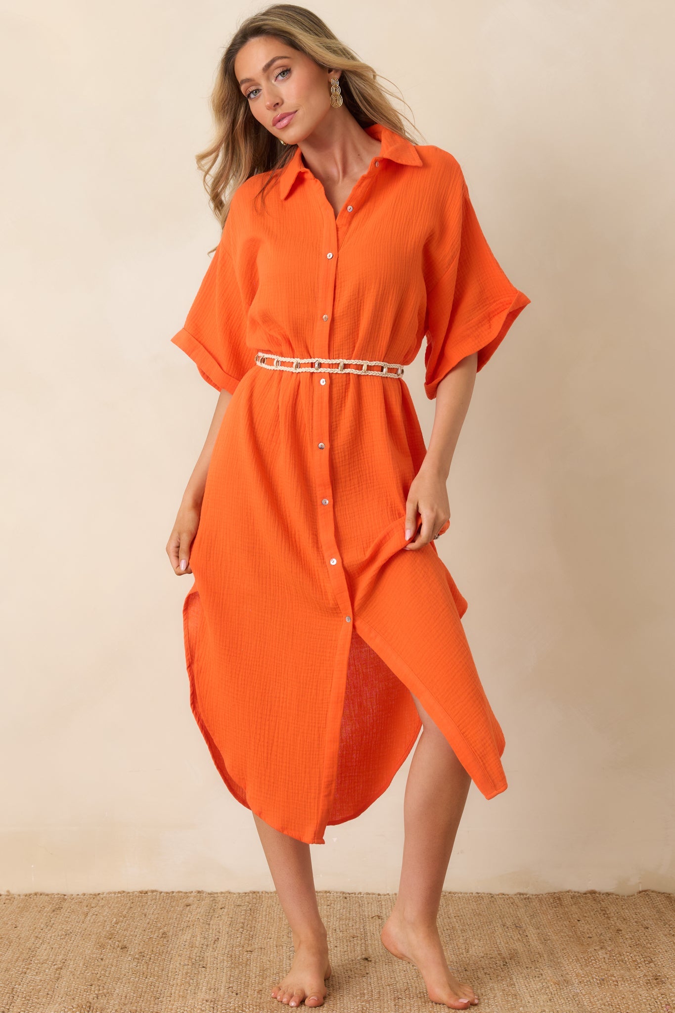 Paradisa St. Augustine Orange Cotton Belted Shirt Dress