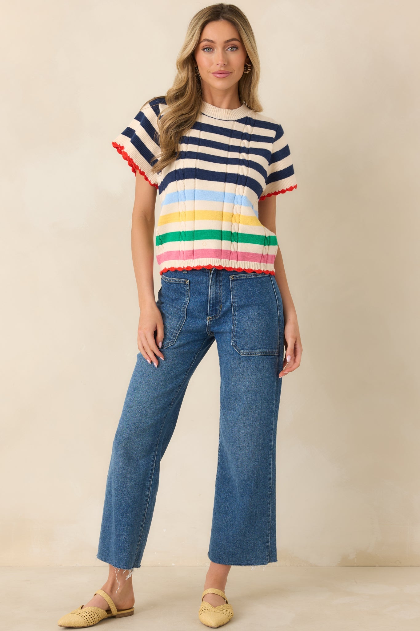 Vibes on High Navy Multi Stripe Knit Short Sleeve Top