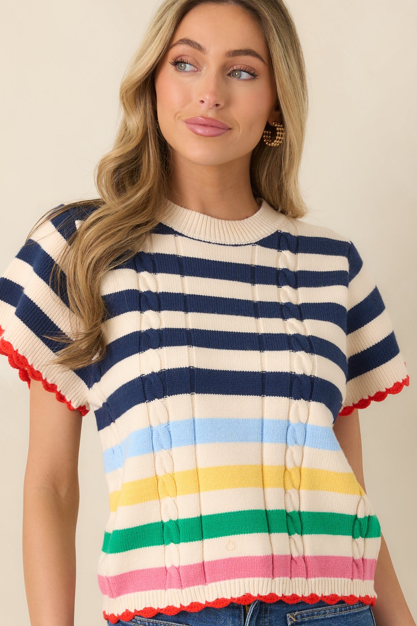 Vibes on High Navy Multi Stripe Knit Short Sleeve Top