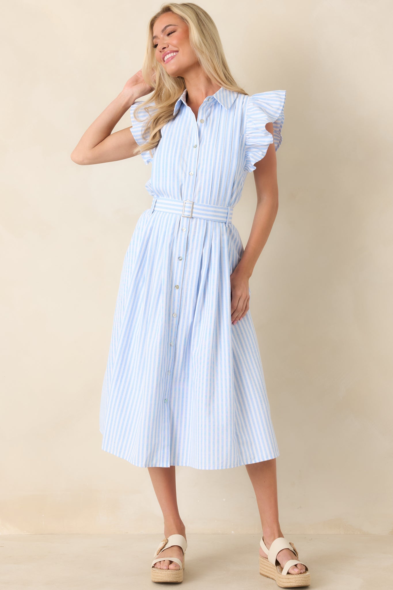 Simple Statement Sky Blue and White Stripe Button Front Midi Dress