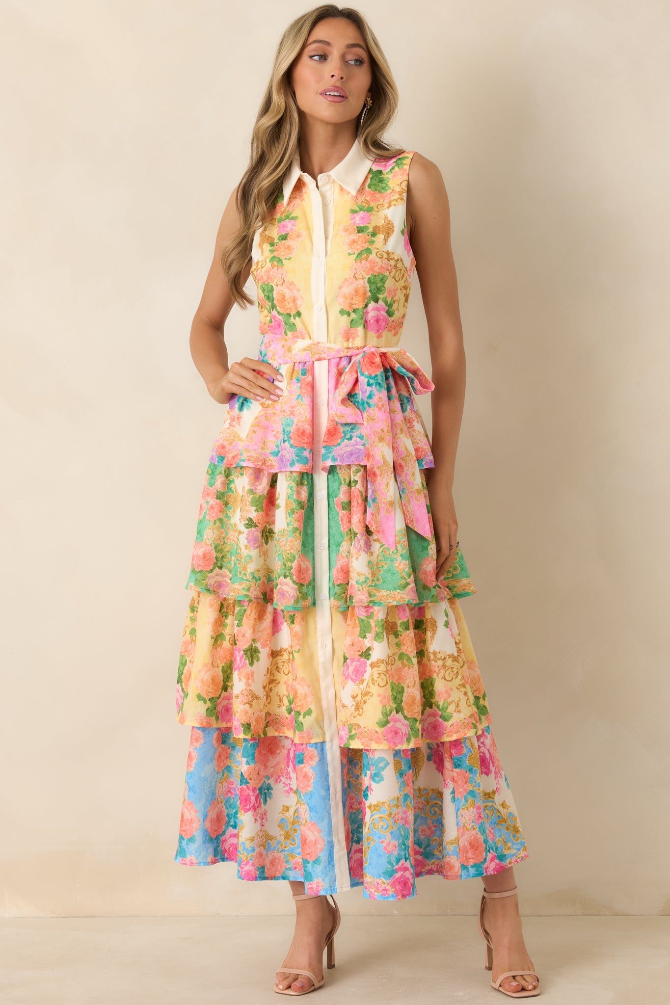 Just A Little Extra Yellow Multi Floral Tiered Midi Dress