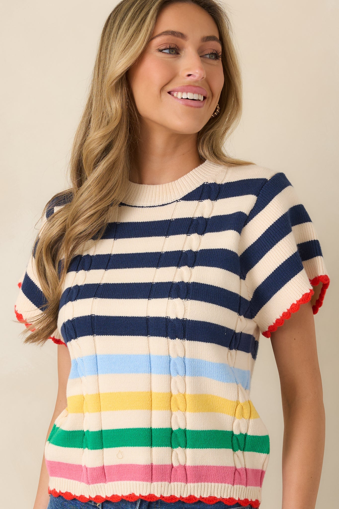 Vibes on High Navy Multi Stripe Knit Short Sleeve Top