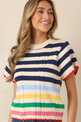 Vibes on High Navy Multi Stripe Knit Short Sleeve Top