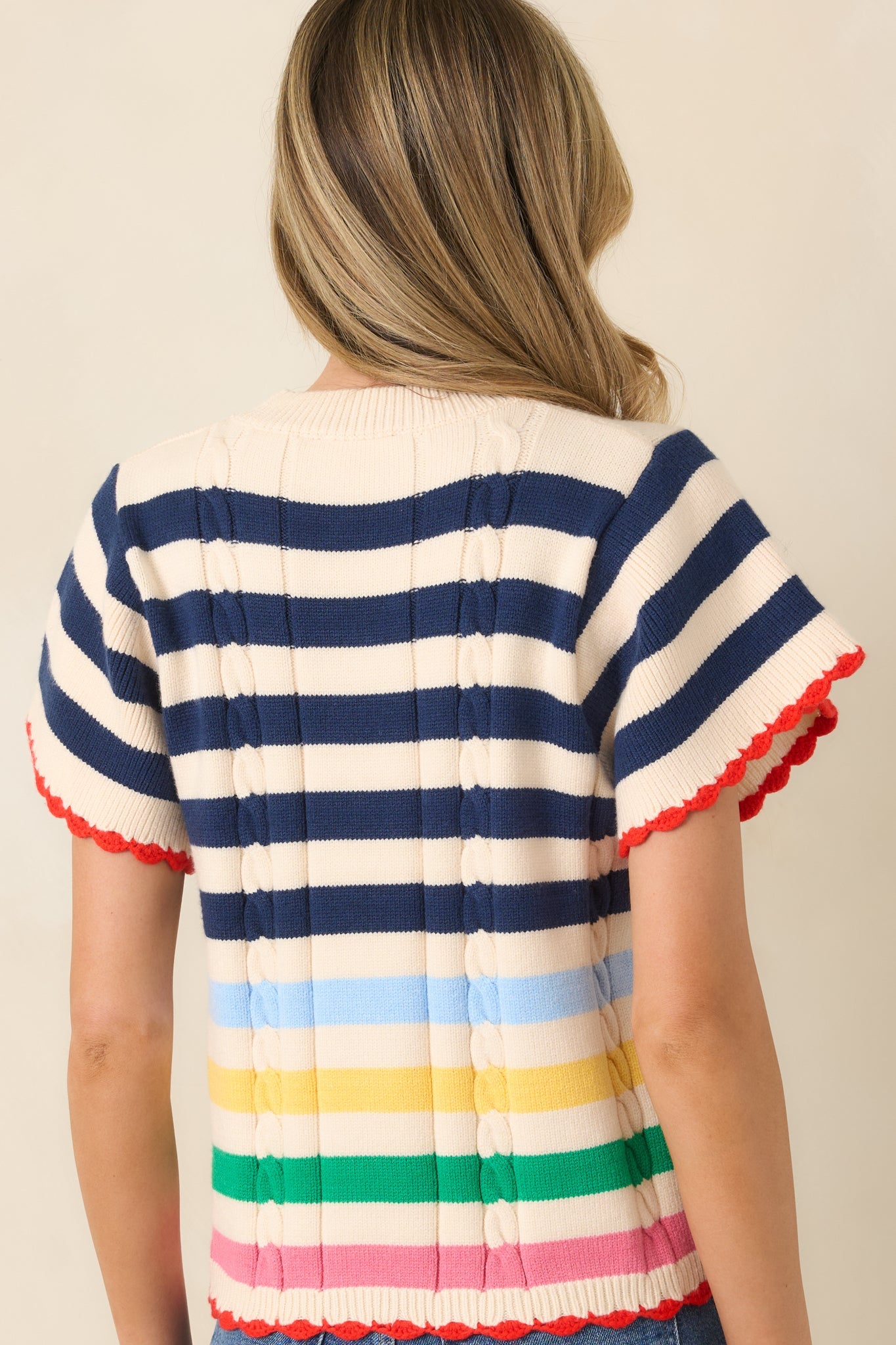Vibes on High Navy Multi Stripe Knit Short Sleeve Top