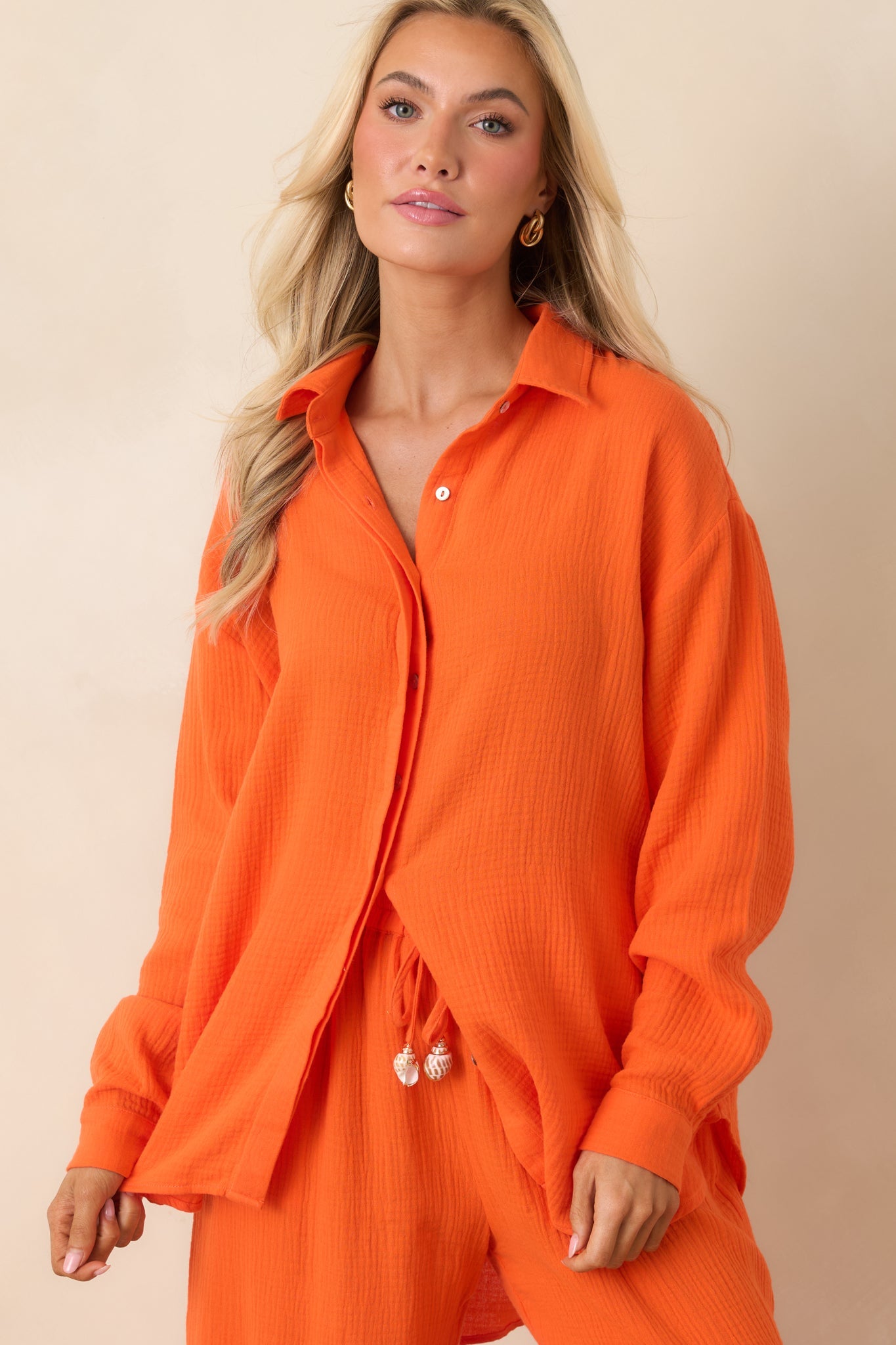 Paradisa Naples Orange Cotton Button-Up Top
