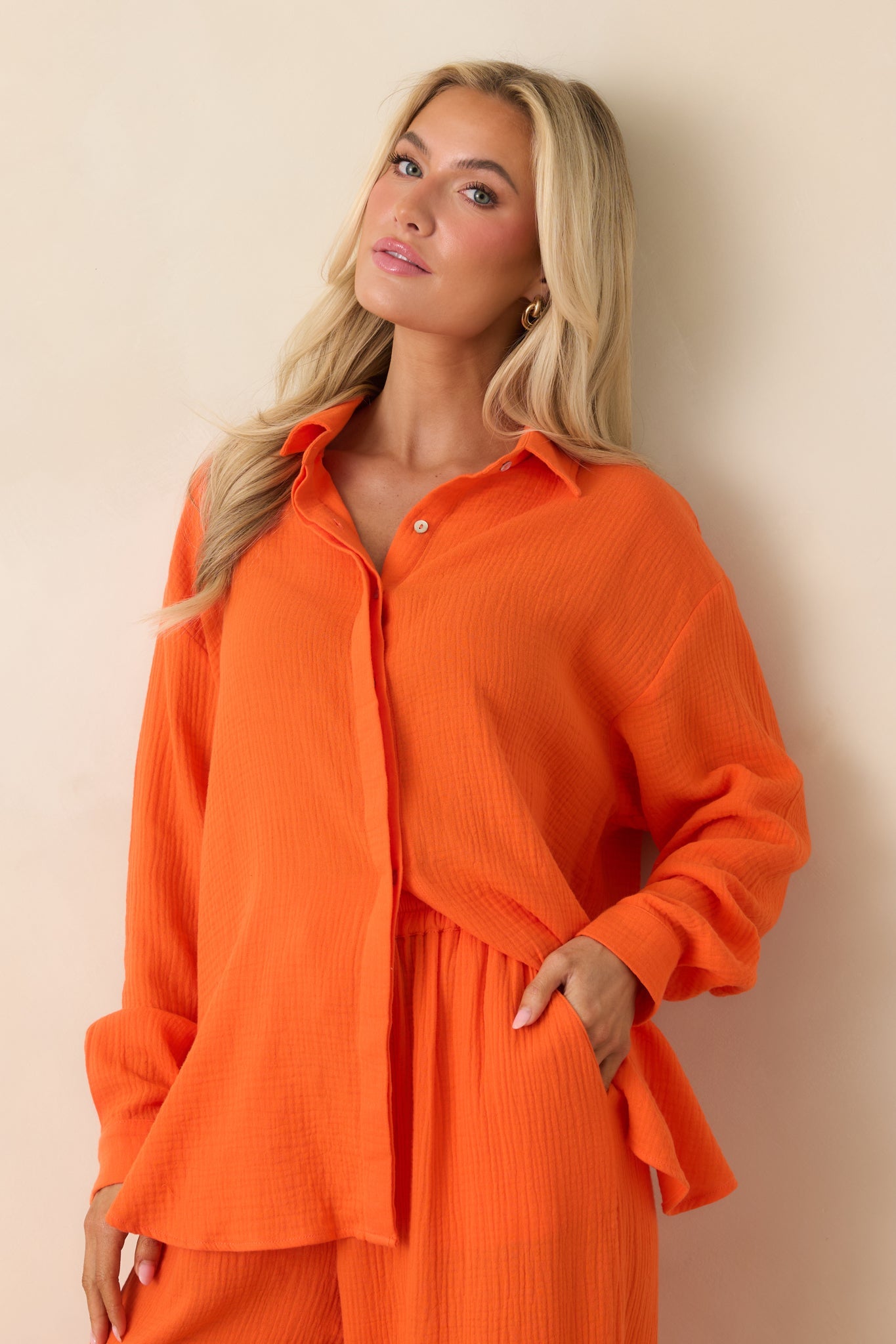 Paradisa Naples Orange Cotton Button-Up Top