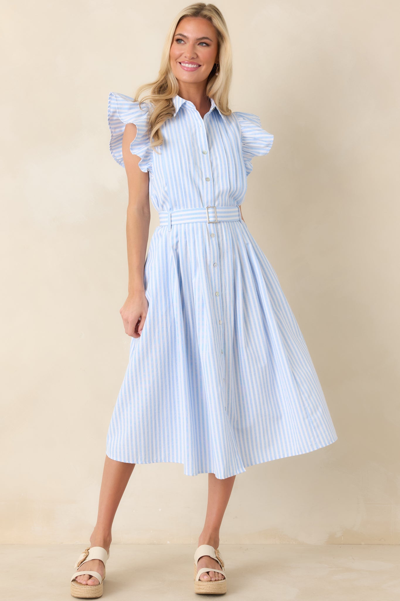 Simple Statement Sky Blue and White Stripe Button Front Midi Dress