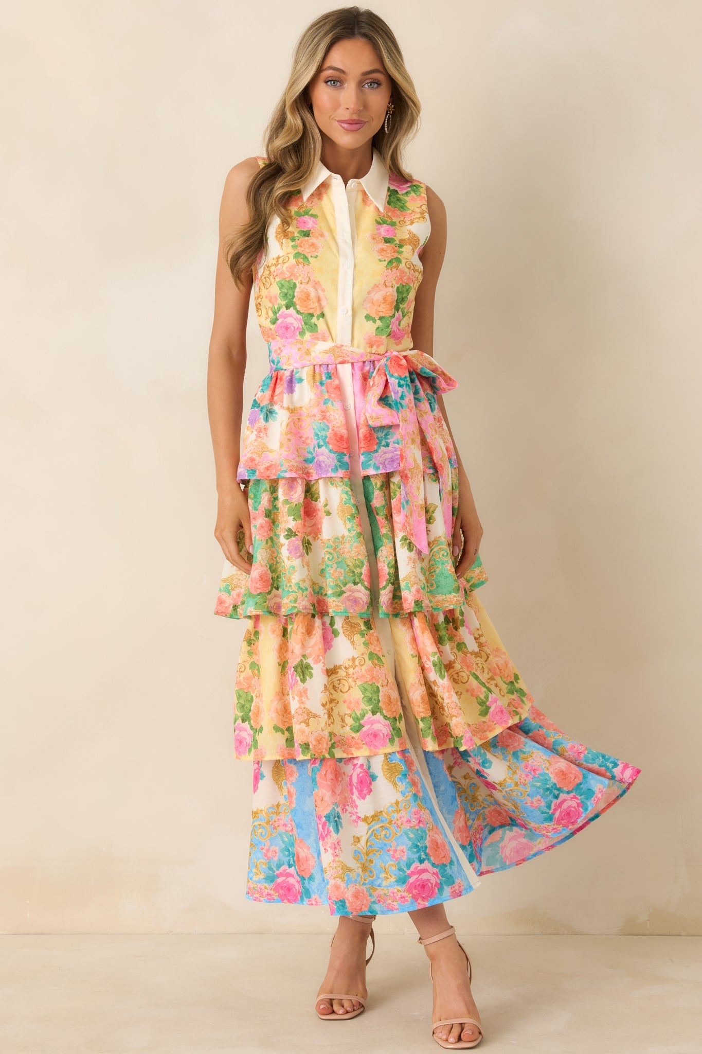 Just A Little Extra Yellow Multi Floral Tiered Midi Dress