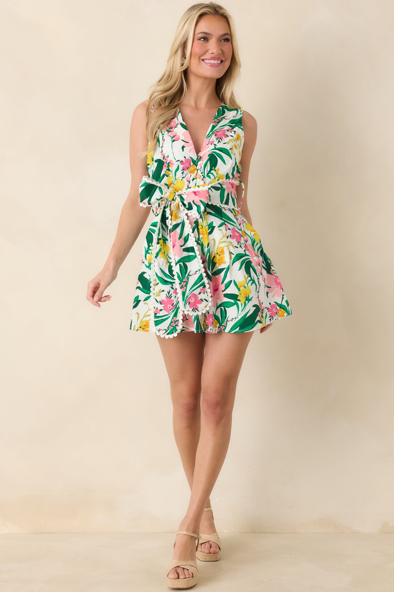 Prosperina Kiki Green & Pink Multi Floral Cotton Romper
