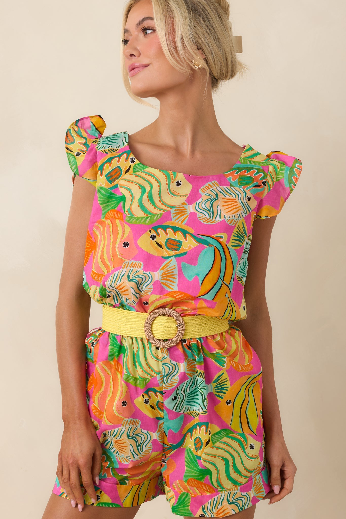 Paradisa Melbourne Pink Multi Cotton Fish Print Romper