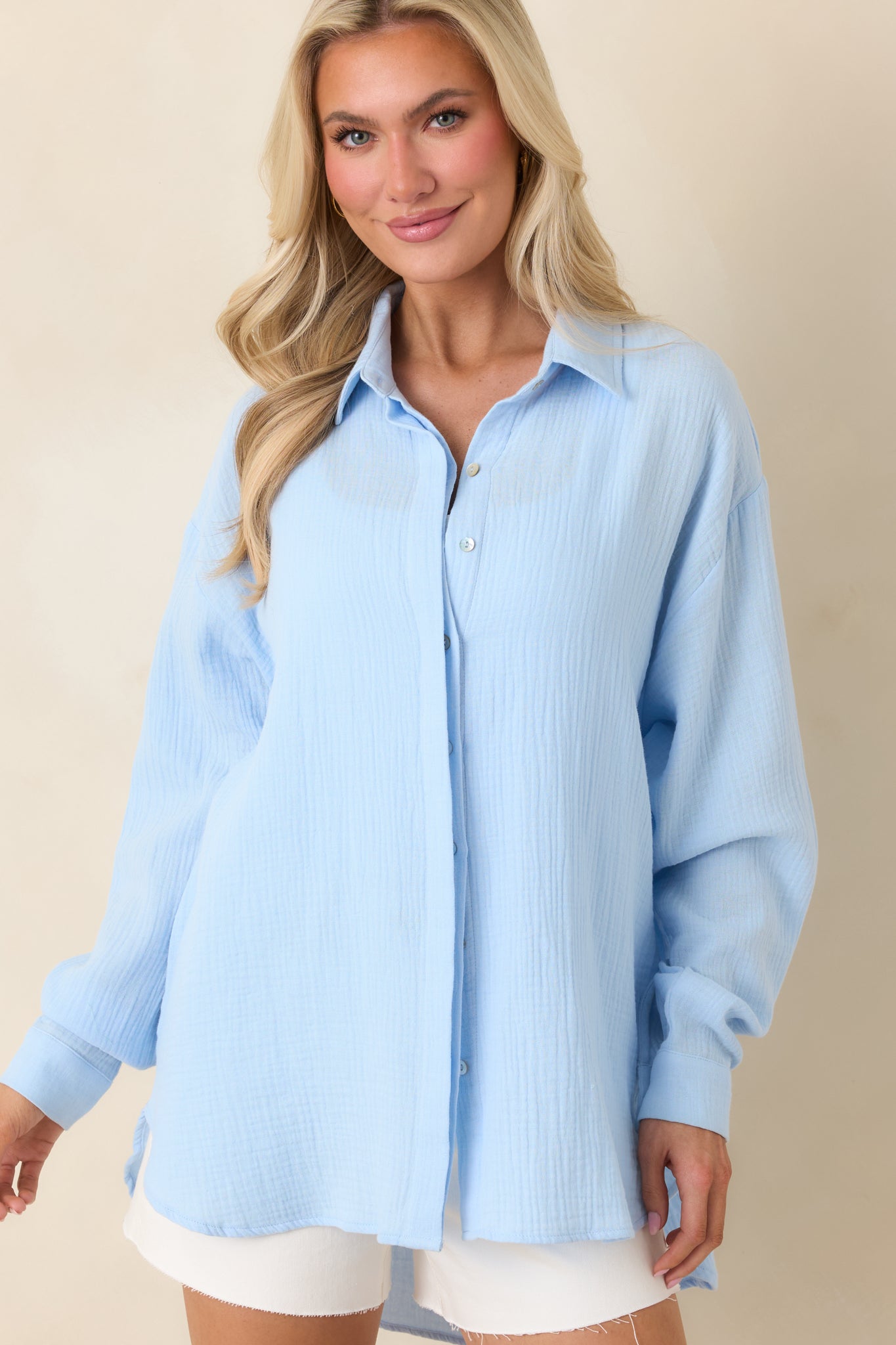 Paradisa Naples Oceana Blue Cotton Button-Up Top