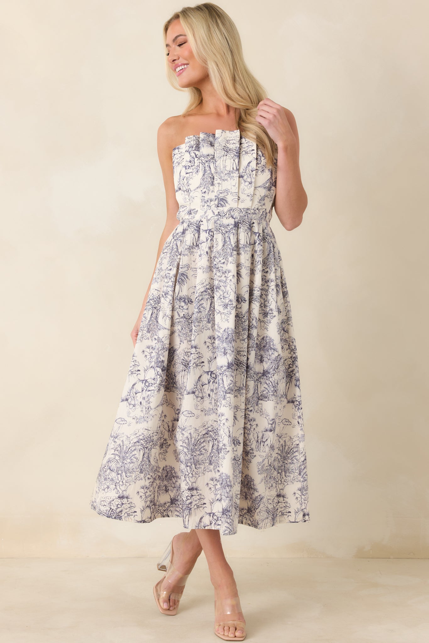 The Genevieve Cotton Navy Blue Toile Strapless Midi Dress