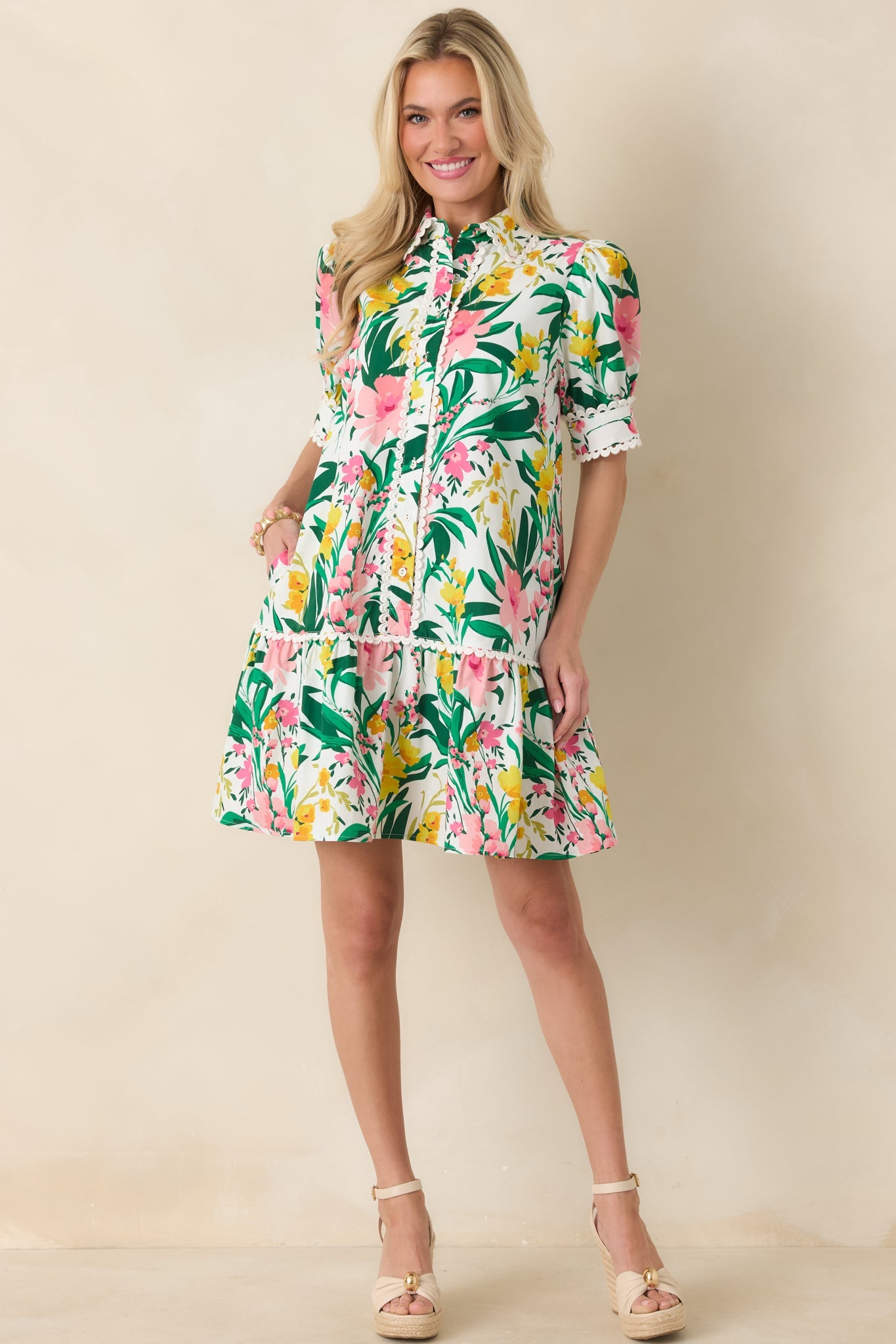 Prosperina Rayne Green & Pink Multi Floral Cotton Mini Dress